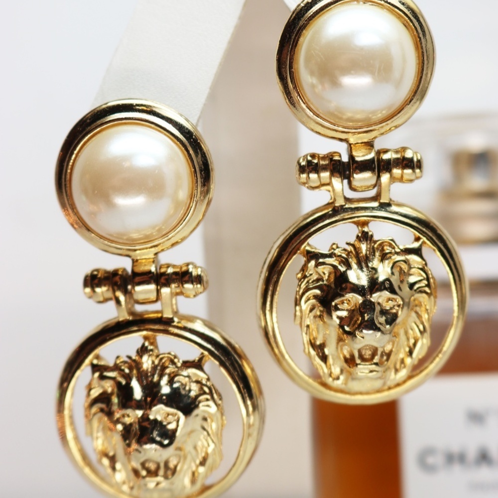 Simulated Pearl Cabochon Lion's Head Doorknocker Earrings - Picture 8 of 8